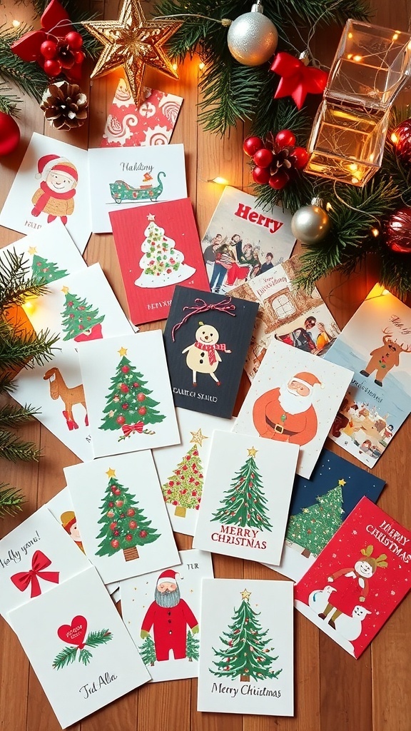 A collection of colorful Christmas cards on a wooden table with holiday decorations.